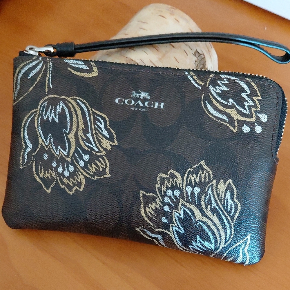 Coach Black and Metallic Gold Floral Tulip Wristlet